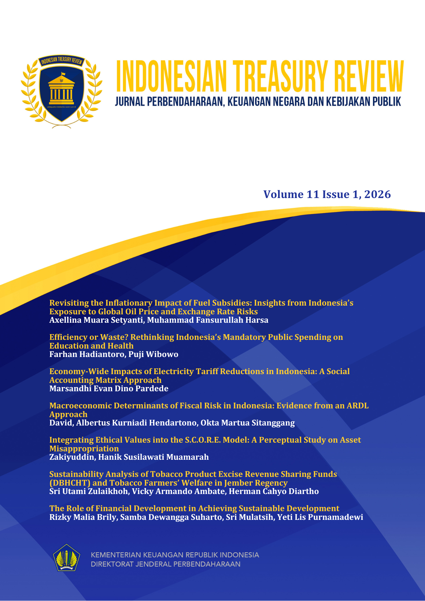 					View Vol. 11 No. 1 (2026): Indonesian Treasury Review: Jurnal Perbendaharaan, Keuangan Negara dan Kebijakan Publik
				